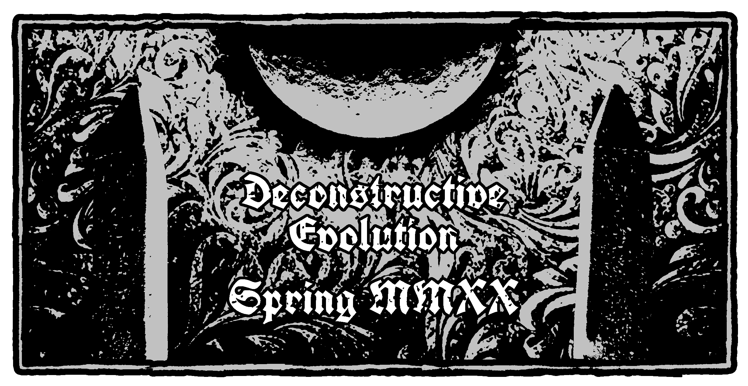 Prmotional image and navigation button with two obelisks under a moon. The text reads Deconstructive Evolution, Spring 2020 stylized in roman numerals